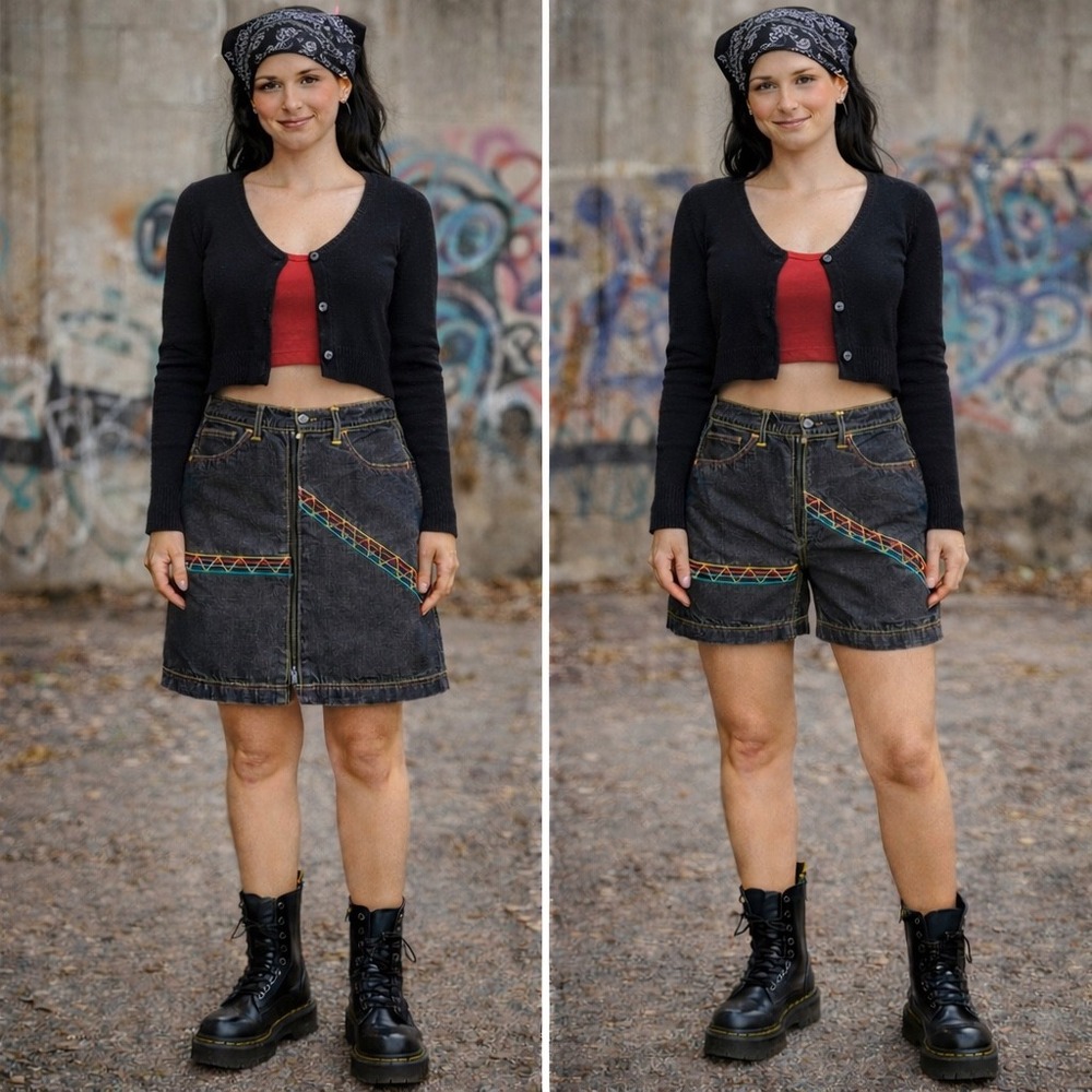 Jazz Vintage 90s Convertible Denim Skirt Shorts Women 26‎ Black Contrast Stitch